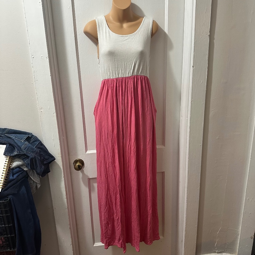 Mother Bee Pink and White Maxi Dress with Pockets in M